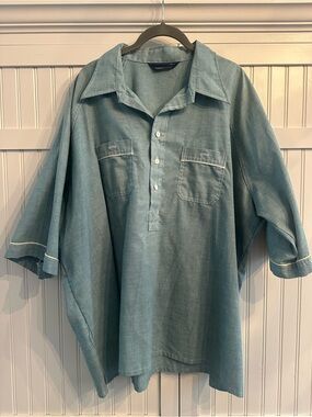 Vintage Career Club Casual Teal Men’s Short-Sleeve Button-Front Pull-Over Shirt